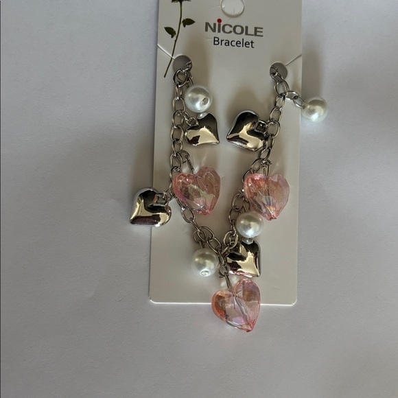 Nicole Silver and Pink Heart Charm Bracelet with Pearls - Picture 3 of 3